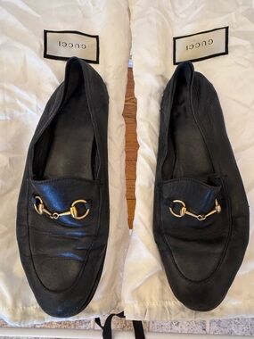 Gucci Black Leather Horsebit Loafers with Gold Hardware